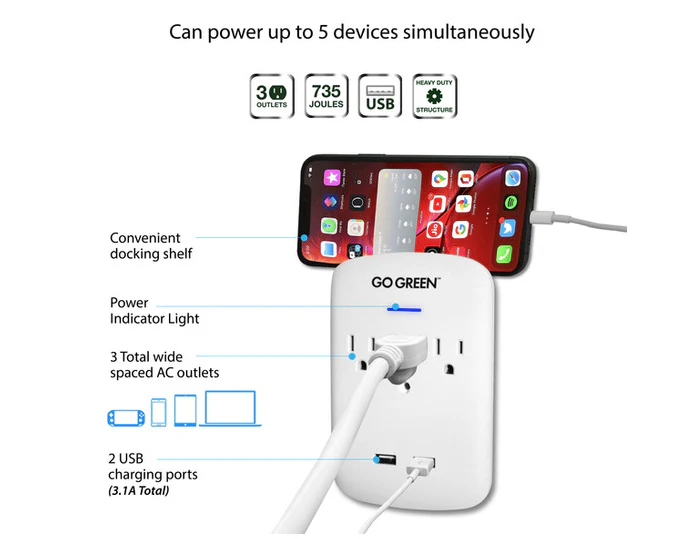 3 Outlet Wall Tap w/2 USB - Image 2