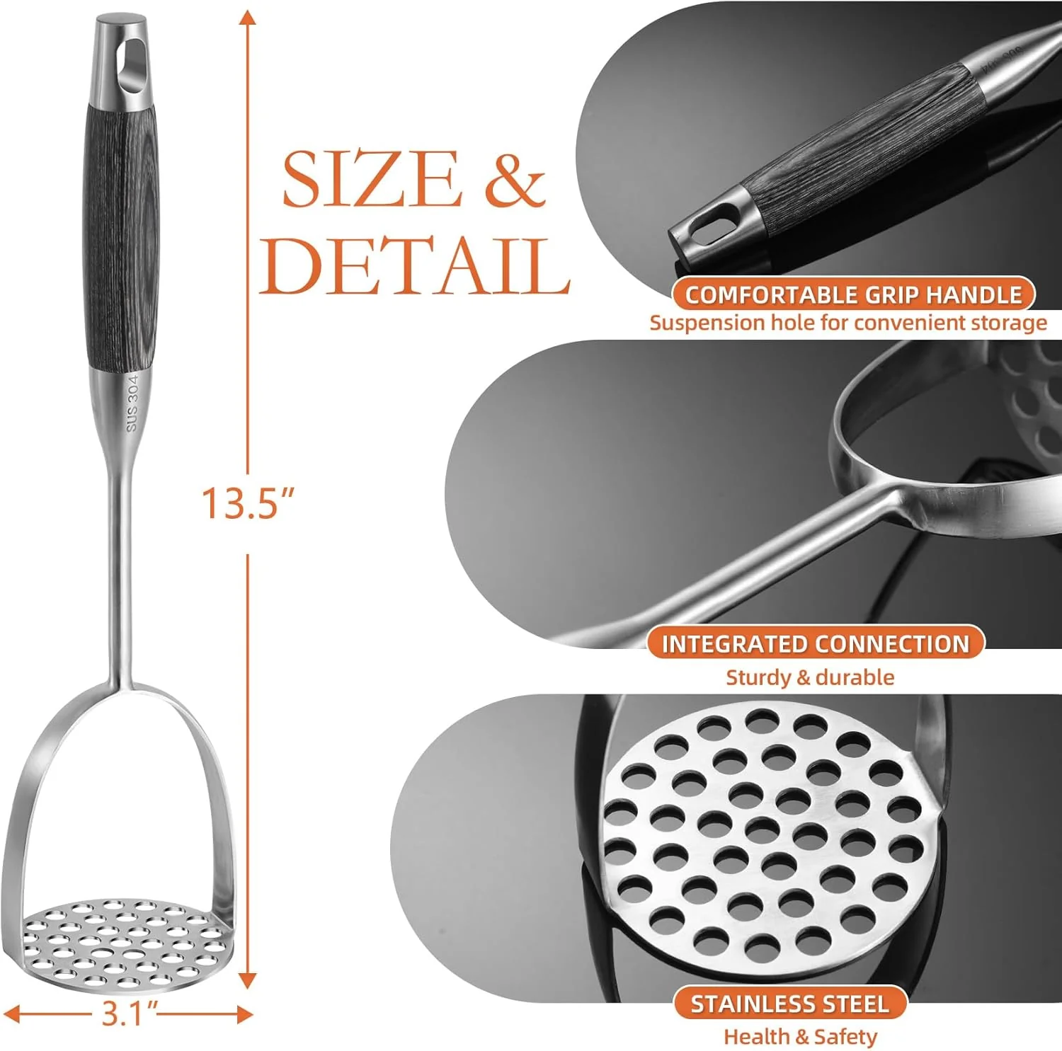 Stainless Steel Potato Masher | 12.5 Inch | Silver | Millvado - Image 3
