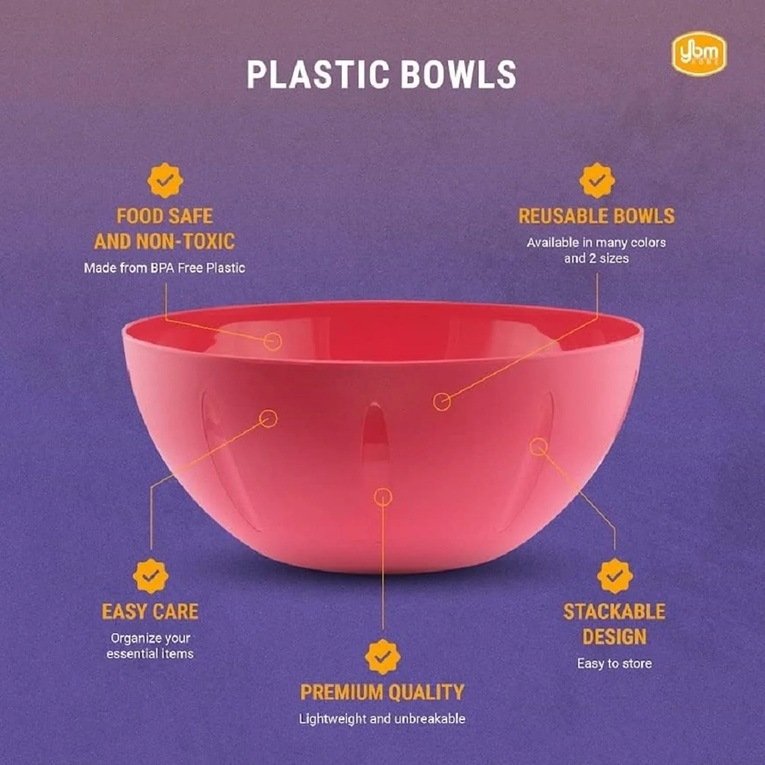 Plastic Mixing Bowl | Round | 8 Inch | Pink | YBM Home - Image 3