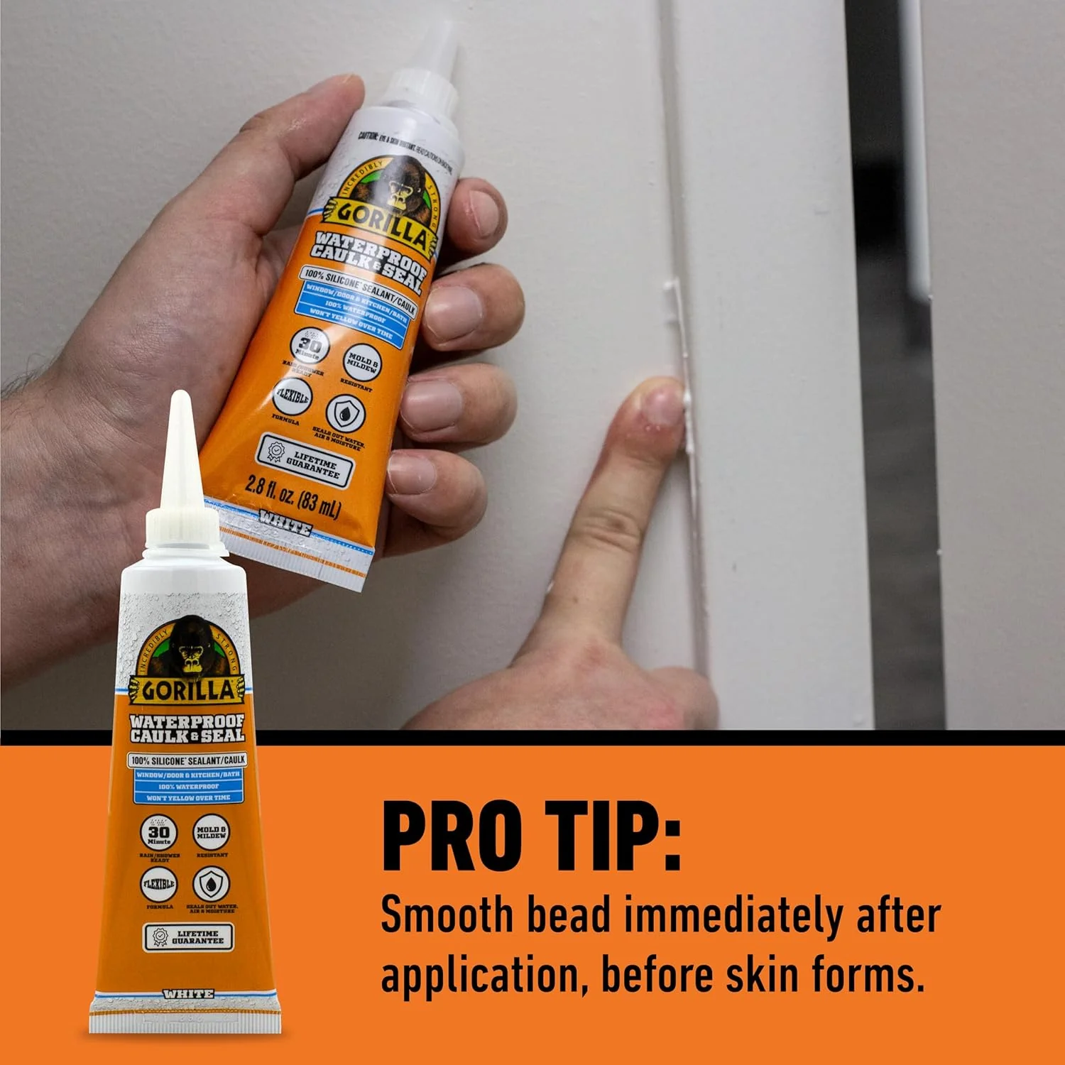 Gorilla Silicone Sealant | Waterproof White Caulk | 2.8 oz Tube - Image 2