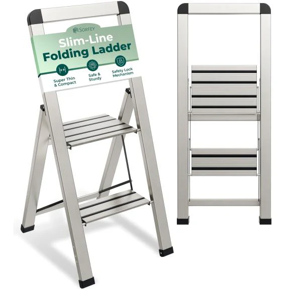 Slim Folding Step Ladder 2 Step Silver YBM