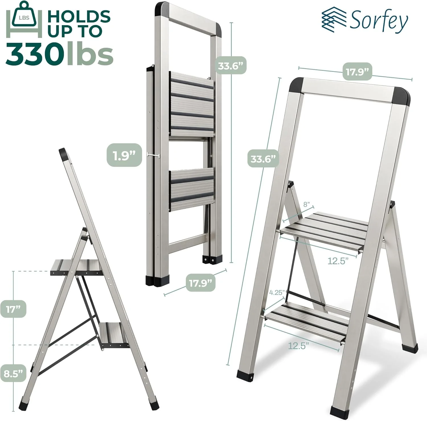 Slim Folding Step Ladder 2 Step Silver YBM - Image 2