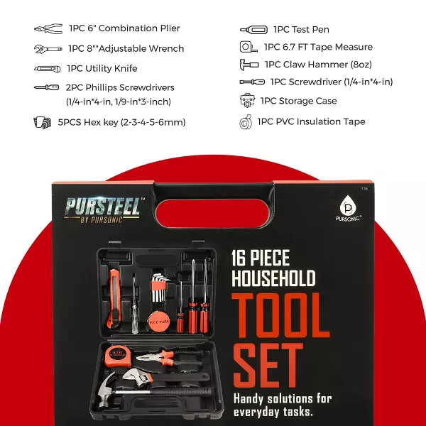 Household Tool Set 16-Piece | Compact DIY Kit | Pursteel - Image 4