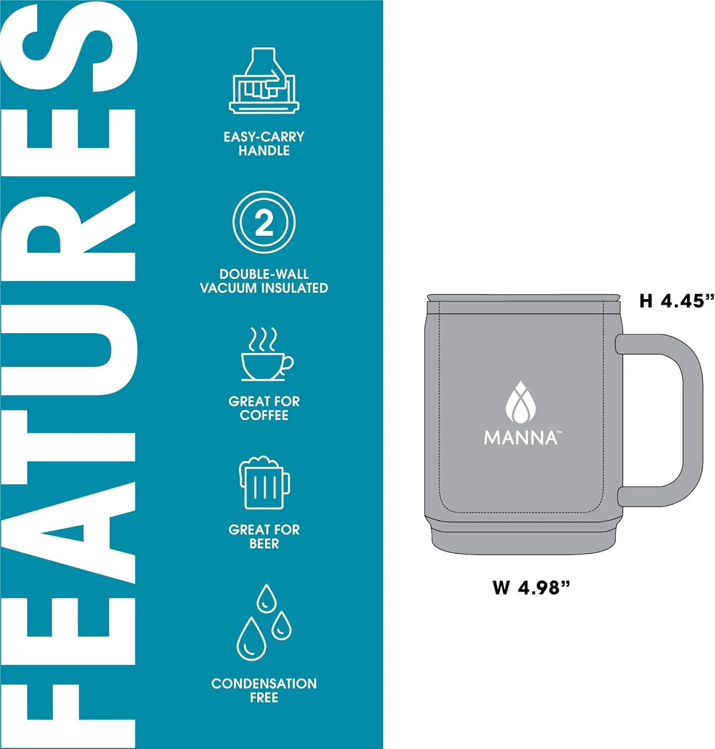 Travel Coffee Mug With Lid and Handle 14oz | Stainless Steel | Double Wall Vacuum Insulated | Manna - Image 3