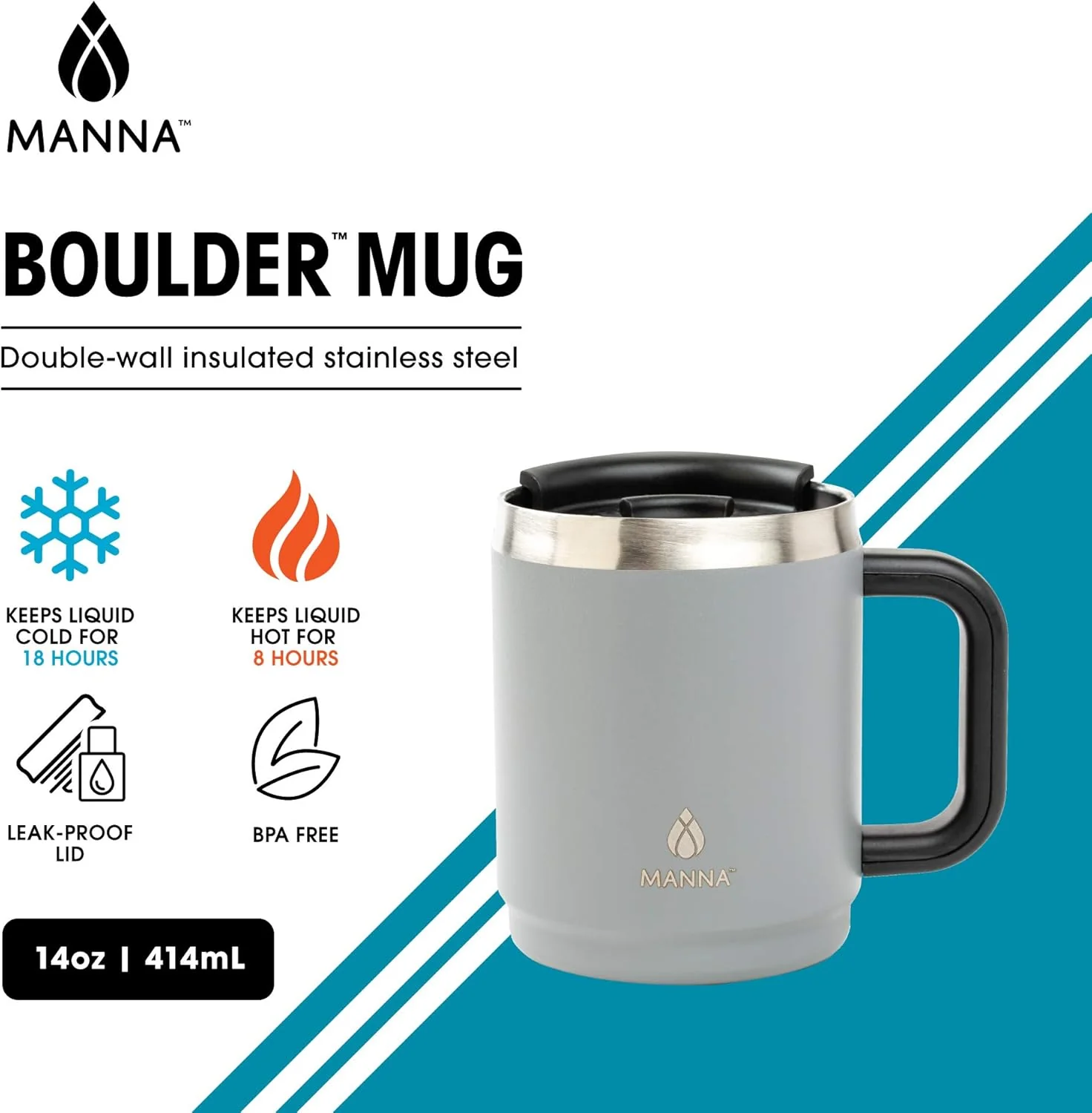 Travel Coffee Mug With Lid and Handle 14oz | Stainless Steel | Double Wall Vacuum Insulated | Manna - Image 5