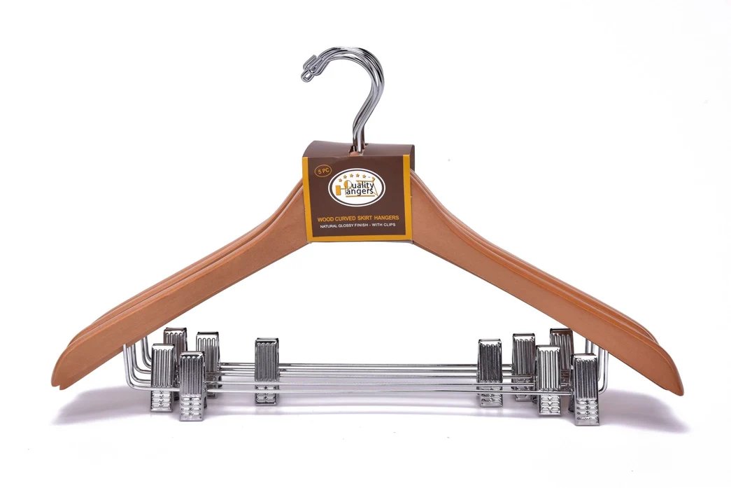 Wood Curved Skirt Hangers Natural w/Clips 5PK Quality Hangers